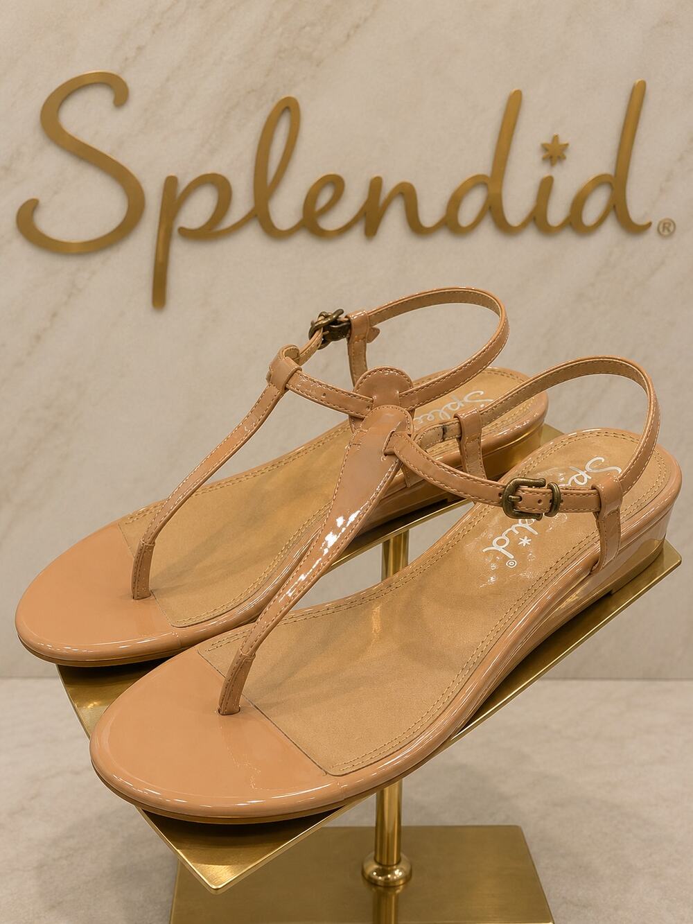 Splendid Bryce Patent Leather T-Strap Wedge Sandals Nude NWOB 8.5